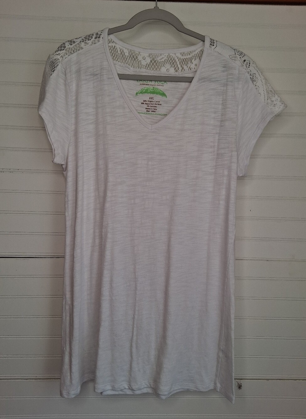 Earth Yoga Lace-Accent Women's Cap Sleeve Plus Sz Top White Organic Cotton Blend